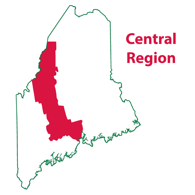 Map of Maine with the official Central Region highlighted, which sits in the western part of the state rather than the geographic center